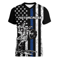 Personalized Motocross Rider Women V-Neck T-Shirt with Splash Pattern and Dirt Bike Jump Illustration - Wonder Print Shop