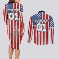 Personalized Motocross Rider Couples Matching Long Sleeve Bodycon Dress and Long Sleeve Button Shirt with American Flag and Thin Blue Line Pattern - Wonder Print Shop