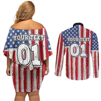 Personalized Motocross Rider Couples Matching Off Shoulder Short Dress and Long Sleeve Button Shirt with American Flag and Thin Blue Line Pattern - Wonder Print Shop