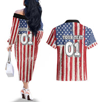 Personalized Motocross Rider Couples Matching Off The Shoulder Long Sleeve Dress and Hawaiian Shirt with American Flag and Thin Blue Line Pattern - Wonder Print Shop