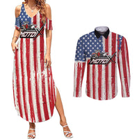 Personalized Motocross Rider Couples Matching Summer Maxi Dress and Long Sleeve Button Shirt with American Flag and Thin Blue Line Pattern - Wonder Print Shop