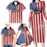Personalized Motocross Rider Family Matching Long Sleeve Bodycon Dress and Hawaiian Shirt with American Flag and Thin Blue Line Pattern - Wonder Print Shop