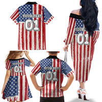 Personalized Motocross Rider Family Matching Off The Shoulder Long Sleeve Dress and Hawaiian Shirt with American Flag and Thin Blue Line Pattern - Wonder Print Shop