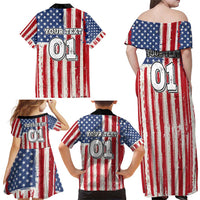 Personalized Motocross Rider Family Matching Off Shoulder Maxi Dress and Hawaiian Shirt with American Flag and Thin Blue Line Pattern - Wonder Print Shop