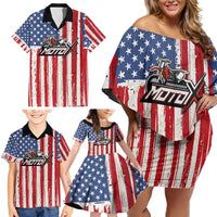 Personalized Motocross Rider Family Matching Off Shoulder Short Dress and Hawaiian Shirt with American Flag and Thin Blue Line Pattern - Wonder Print Shop