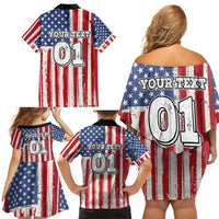 Personalized Motocross Rider Family Matching Off Shoulder Short Dress and Hawaiian Shirt with American Flag and Thin Blue Line Pattern - Wonder Print Shop