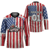 Personalized Motocross Rider Hockey Jersey with American Flag and Thin Blue Line Pattern - Wonder Print Shop