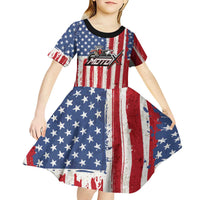 Personalized Motocross Rider Kid Short Sleeve Dress with American Flag and Thin Blue Line Pattern - Wonder Print Shop