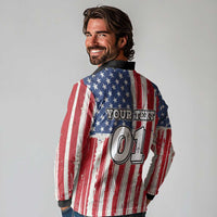 Personalized Motocross Rider Long Sleeve Polo Shirt with American Flag and Thin Blue Line Pattern - Wonder Print Shop
