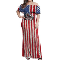 Personalized Motocross Rider Off Shoulder Maxi Dress with American Flag and Thin Blue Line Pattern - Wonder Print Shop