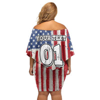 Personalized Motocross Rider Off Shoulder Short Dress with American Flag and Thin Blue Line Pattern - Wonder Print Shop