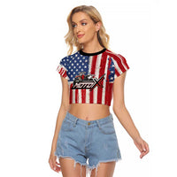 Personalized Motocross Rider Raglan Cropped T Shirt with American Flag and Thin Blue Line Pattern - Wonder Print Shop