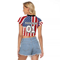 Personalized Motocross Rider Raglan Cropped T Shirt with American Flag and Thin Blue Line Pattern - Wonder Print Shop