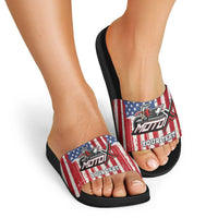 Personalized Motocross Rider Slide Sandals with American Flag and Thin Blue Line Pattern - Wonder Print Shop