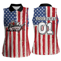 Personalized Motocross Rider Women Sleeveless Polo Shirt with American Flag and Thin Blue Line Pattern - Wonder Print Shop