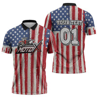 Personalized Motocross Rider Zipper Polo Shirt with American Flag and Thin Blue Line Pattern - Wonder Print Shop