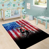 Personalized Motocross Rider Area Rug with Distressed American Flag in Red White Blue Grunge Style - Wonder Print Shop