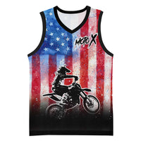 Personalized Motocross Rider Basketball Jersey with Distressed American Flag in Red White Blue Grunge Style - Wonder Print Shop
