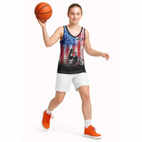 Personalized Motocross Rider Basketball Jersey with Distressed American Flag in Red White Blue Grunge Style - Wonder Print Shop