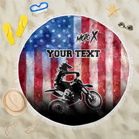 Personalized Motocross Rider Beach Blanket with Distressed American Flag in Red White Blue Grunge Style - Wonder Print Shop