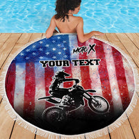 Personalized Motocross Rider Beach Blanket with Distressed American Flag in Red White Blue Grunge Style - Wonder Print Shop