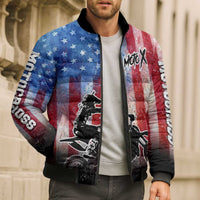 Personalized Motocross Rider Bomber Puffer Jacket with Distressed American Flag in Red White Blue Grunge Style - Wonder Print Shop