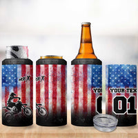 Personalized Motocross Rider 4 in 1 Can Cooler Tumbler with Distressed American Flag in Red White Blue Grunge Style - Wonder Print Shop