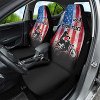 Personalized Motocross Rider Car Seat Cover with Distressed American Flag in Red White Blue Grunge Style - Wonder Print Shop
