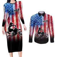 Personalized Motocross Rider Couples Matching Long Sleeve Bodycon Dress and Long Sleeve Button Shirt with Distressed American Flag in Red White Blue Grunge Style - Wonder Print Shop