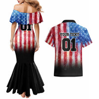 Personalized Motocross Rider Couples Matching Mermaid Dress and Hawaiian Shirt with Distressed American Flag in Red White Blue Grunge Style - Wonder Print Shop