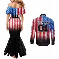 Personalized Motocross Rider Couples Matching Mermaid Dress and Long Sleeve Button Shirt with Distressed American Flag in Red White Blue Grunge Style - Wonder Print Shop