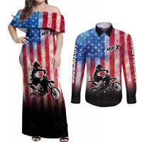 Personalized Motocross Rider Couples Matching Off Shoulder Maxi Dress and Long Sleeve Button Shirt with Distressed American Flag in Red White Blue Grunge Style - Wonder Print Shop