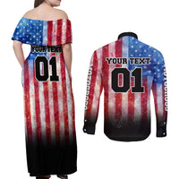 Personalized Motocross Rider Couples Matching Off Shoulder Maxi Dress and Long Sleeve Button Shirt with Distressed American Flag in Red White Blue Grunge Style - Wonder Print Shop