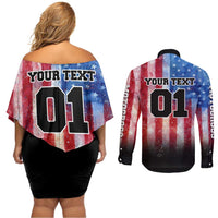 Personalized Motocross Rider Couples Matching Off Shoulder Short Dress and Long Sleeve Button Shirt with Distressed American Flag in Red White Blue Grunge Style - Wonder Print Shop