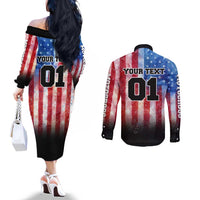 Personalized Motocross Rider Couples Matching Off The Shoulder Long Sleeve Dress and Long Sleeve Button Shirt with Distressed American Flag in Red White Blue Grunge Style - Wonder Print Shop
