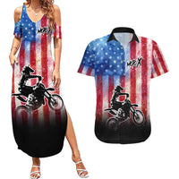 Personalized Motocross Rider Couples Matching Summer Maxi Dress and Hawaiian Shirt with Distressed American Flag in Red White Blue Grunge Style - Wonder Print Shop