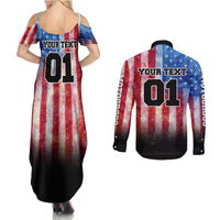 Personalized Motocross Rider Couples Matching Summer Maxi Dress and Long Sleeve Button Shirt with Distressed American Flag in Red White Blue Grunge Style - Wonder Print Shop