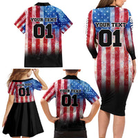 Personalized Motocross Rider Family Matching Long Sleeve Bodycon Dress and Hawaiian Shirt with Distressed American Flag in Red White Blue Grunge Style - Wonder Print Shop