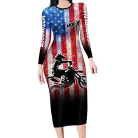 Personalized Motocross Rider Family Matching Long Sleeve Bodycon Dress and Hawaiian Shirt with Distressed American Flag in Red White Blue Grunge Style - Wonder Print Shop
