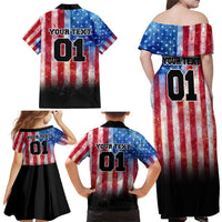 Personalized Motocross Rider Family Matching Off Shoulder Maxi Dress and Hawaiian Shirt with Distressed American Flag in Red White Blue Grunge Style - Wonder Print Shop
