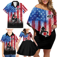 Personalized Motocross Rider Family Matching Off Shoulder Short Dress and Hawaiian Shirt with Distressed American Flag in Red White Blue Grunge Style - Wonder Print Shop