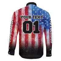 Personalized Motocross Rider Family Matching Off Shoulder Short Dress and Hawaiian Shirt with Distressed American Flag in Red White Blue Grunge Style - Wonder Print Shop