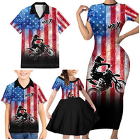 Personalized Motocross Rider Family Matching Short Sleeve Bodycon Dress and Hawaiian Shirt with Distressed American Flag in Red White Blue Grunge Style - Wonder Print Shop