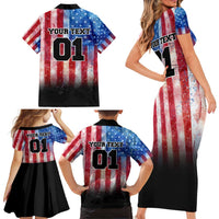 Personalized Motocross Rider Family Matching Short Sleeve Bodycon Dress and Hawaiian Shirt with Distressed American Flag in Red White Blue Grunge Style - Wonder Print Shop