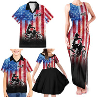 Personalized Motocross Rider Family Matching Tank Maxi Dress and Hawaiian Shirt with Distressed American Flag in Red White Blue Grunge Style - Wonder Print Shop