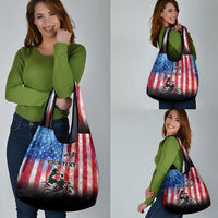 Personalized Motocross Rider Grocery Bag with Distressed American Flag in Red White Blue Grunge Style - Wonder Print Shop
