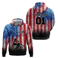Personalized Motocross Rider Hoodie with Distressed American Flag in Red White Blue Grunge Style - Wonder Print Shop