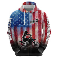Personalized Motocross Rider Hoodie with Distressed American Flag in Red White Blue Grunge Style - Wonder Print Shop