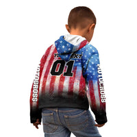 Personalized Motocross Rider Kid Hoodie with Distressed American Flag in Red White Blue Grunge Style - Wonder Print Shop