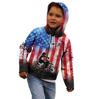 Personalized Motocross Rider Kid Hoodie with Distressed American Flag in Red White Blue Grunge Style - Wonder Print Shop